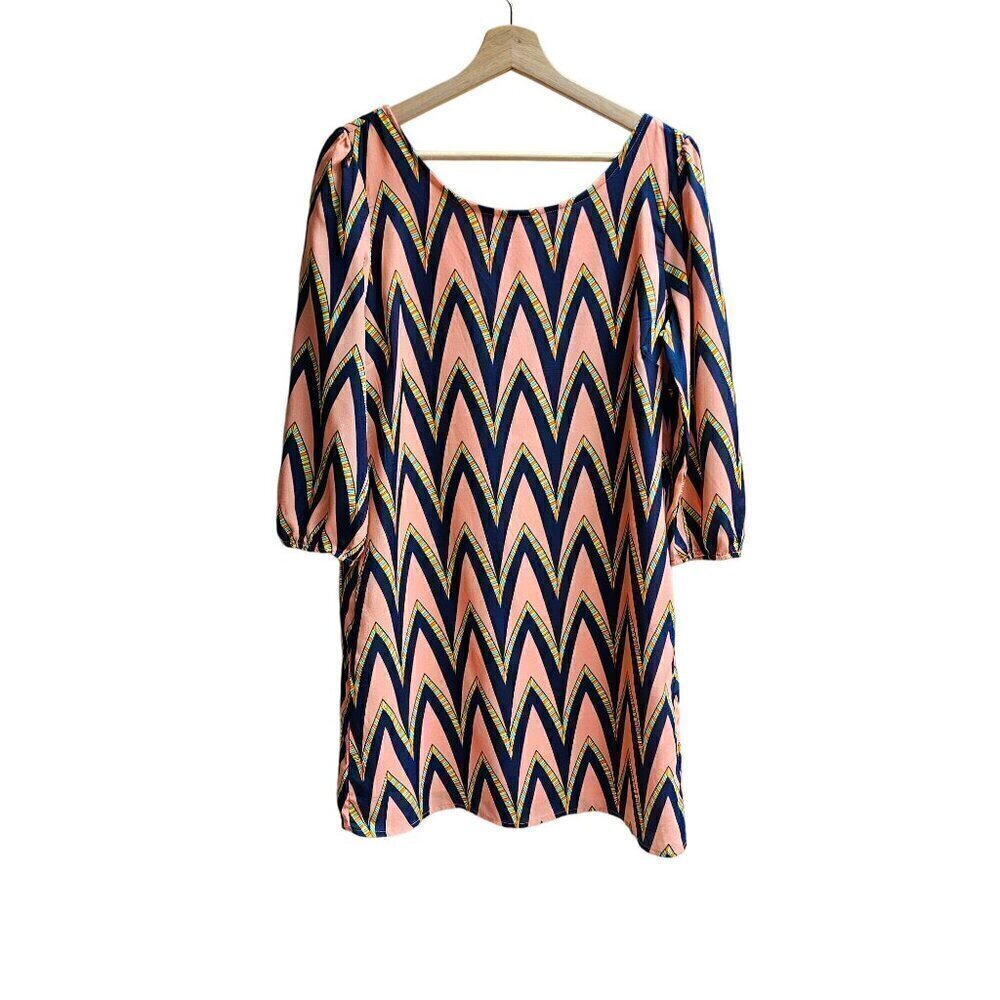 Chevron Pink & Navy Dress With 3/4 Sleeves By Pink Owl Apparel, Size Medium